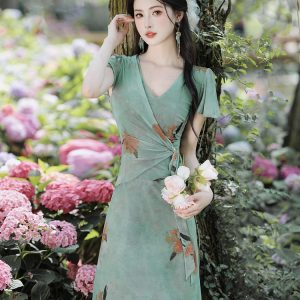 French Vintage Print Mesh Dress Short Sleeve V-Neck High Waist Long Dress