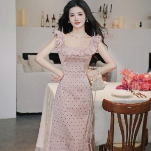 French Romantic Lace Ruffle Polka Dot Satin Dress - Style 7ea7e3