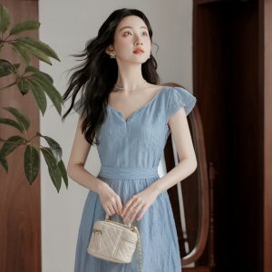 French Style Cold Shoulder Embroidered Short Sleeve Long Dress