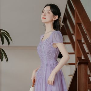 French Vintage Embroidered Short Sleeve Flowy Slimming Dress