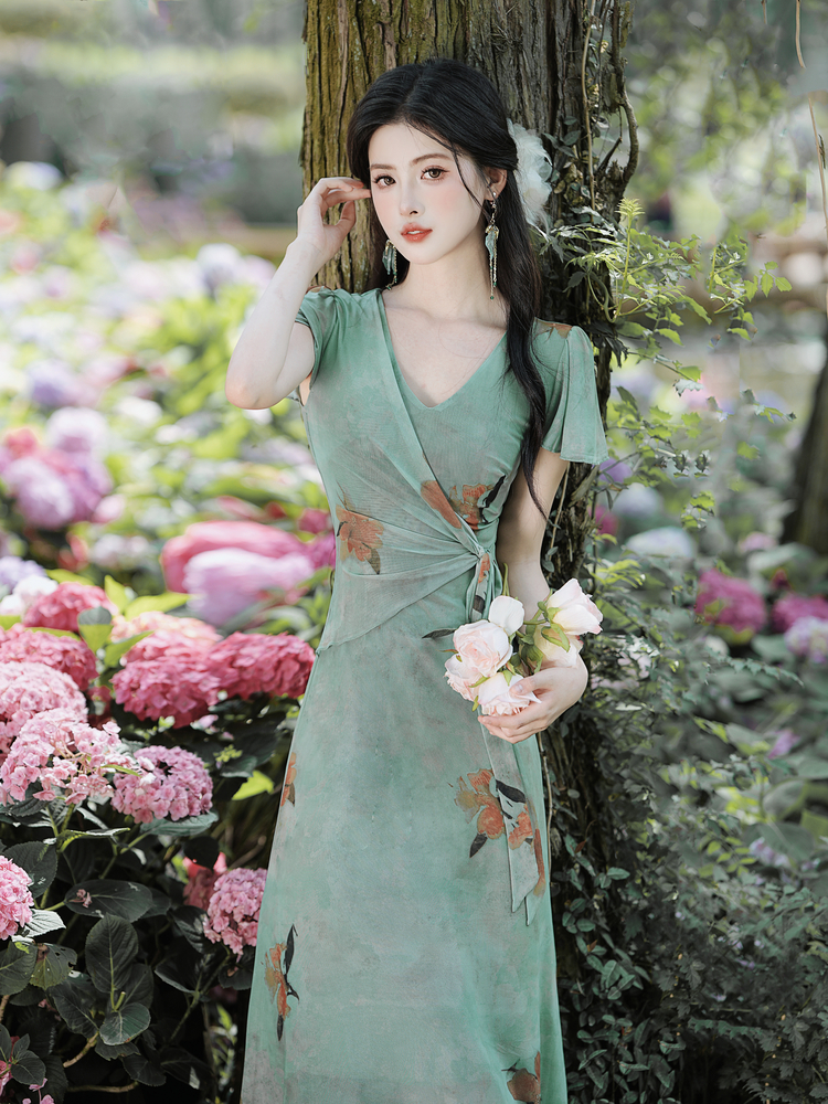French Vintage Print Mesh Dress Short Sleeve V-Neck High Waist Long Dress