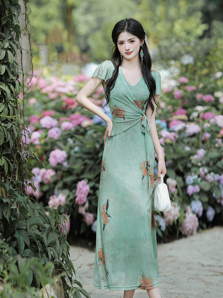 French Vintage Print Mesh Dress Short Sleeve V-Neck High Waist Long Dress - Image 2