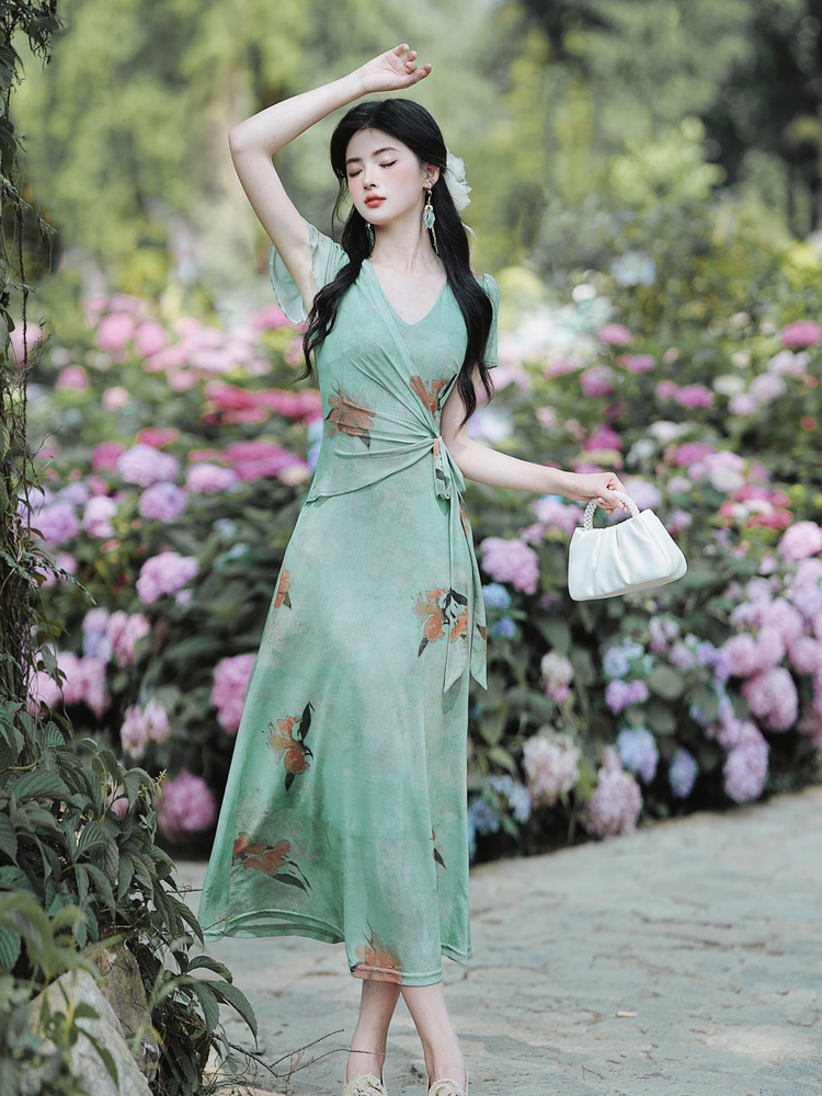 French Vintage Print Mesh Dress Short Sleeve V-Neck High Waist Long Dress - Image 3
