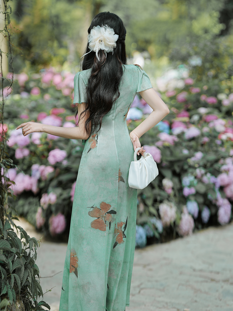 French Vintage Print Mesh Dress Short Sleeve V-Neck High Waist Long Dress - Image 4