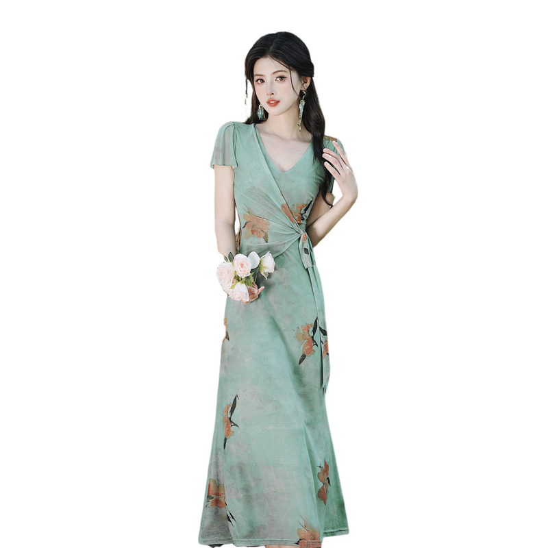 French Vintage Print Mesh Dress Short Sleeve V-Neck High Waist Long Dress - Image 5