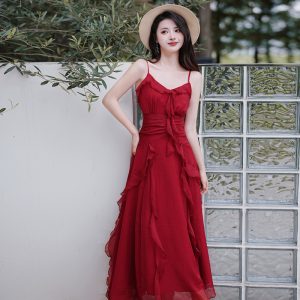 French Vintage Red Long Dress Slimming Ruffle Wedding Guest Vacation Dress