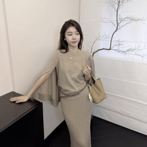 Knit Cape Top and High Waist Long Skirt Two Piece Set for Women Early Autumn