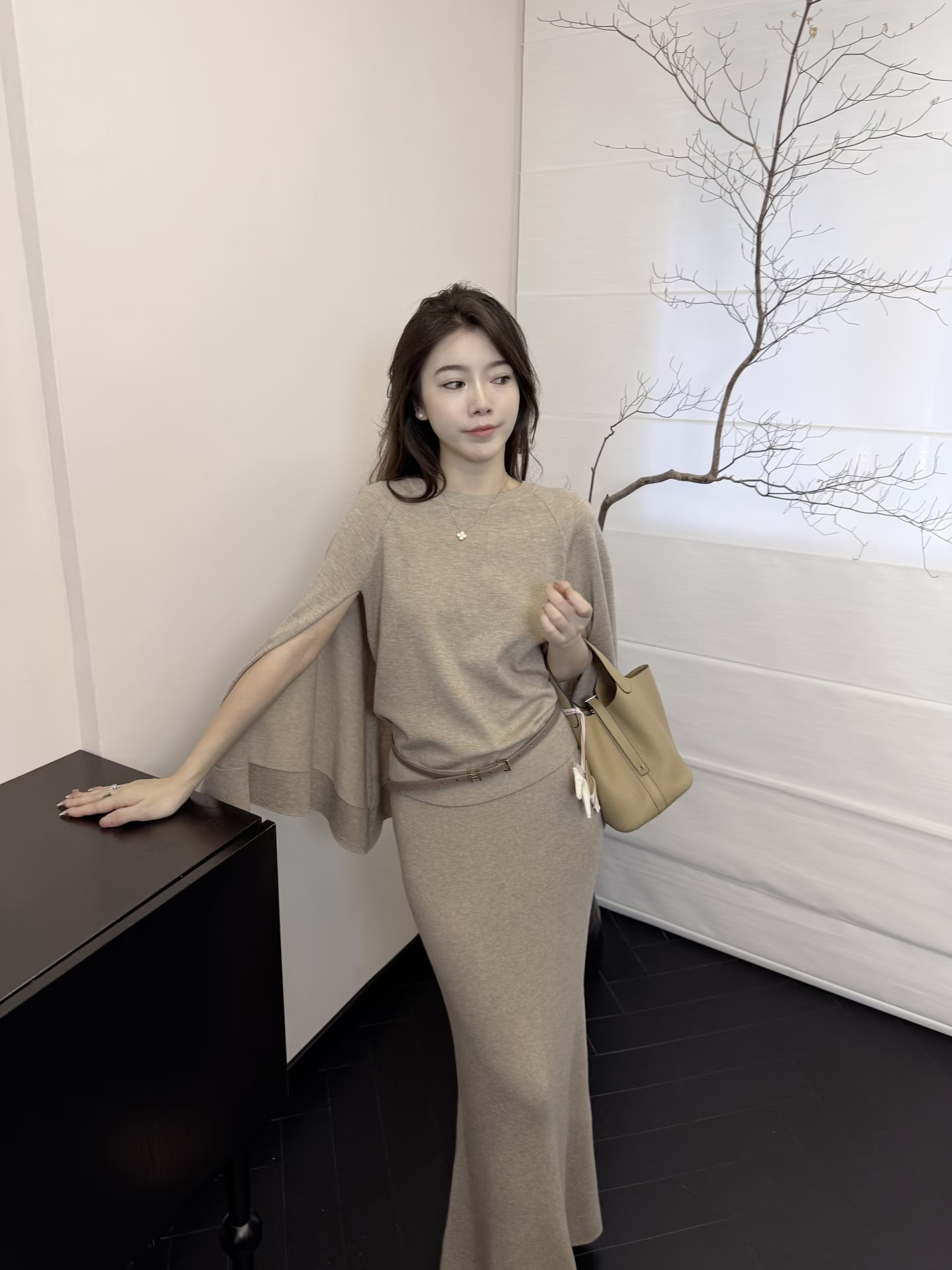 Knit Cape Top and High Waist Long Skirt Two Piece Set for Women Early Autumn