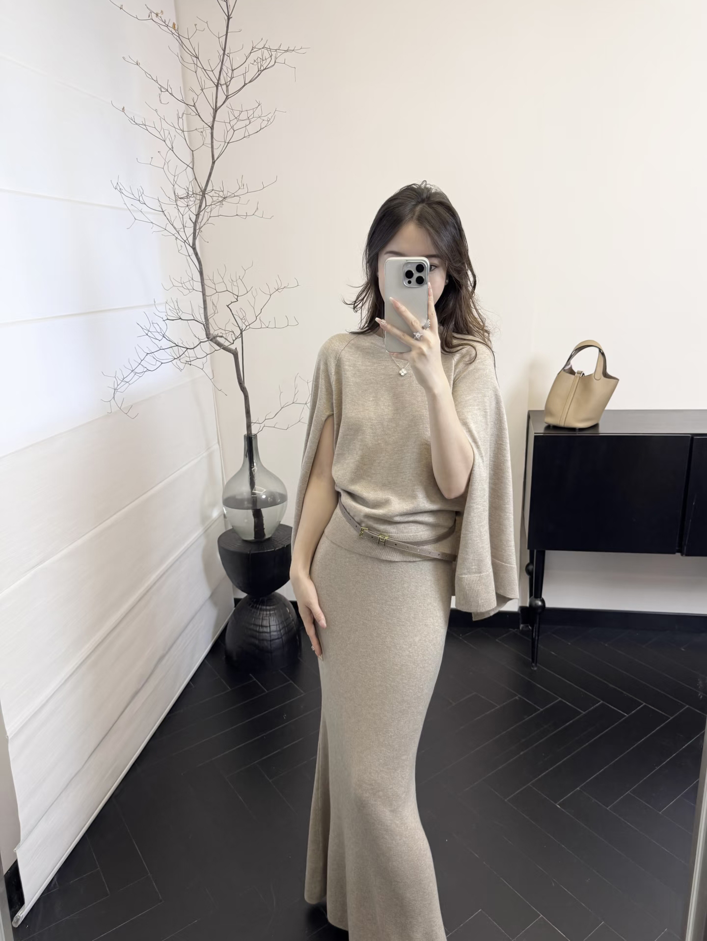 Knit Cape Top and High Waist Long Skirt Two Piece Set for Women Early Autumn - Image 3