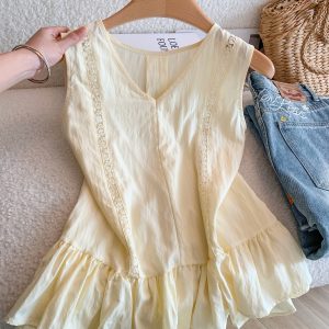 Korean Style Hollow Spliced Tank Top Women Summer Loose Slimming Sleeveless Shirt