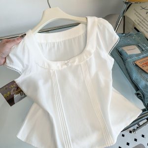 Korean Sweet Style Short Sleeve Shirt for Women Slimming Commute Top