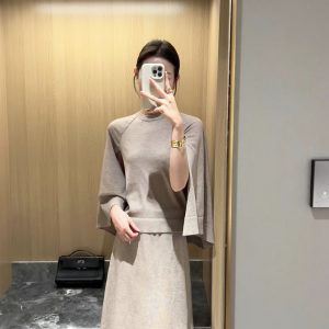 Light Camel Knit Cape Top and High Waist Midi Skirt Two Piece Set for Women Early Autumn