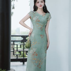 New Chinese Style A-Line Qipao Dress in Cool Tea Green