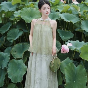 New Chinese Style Sleeveless Mock Two-Piece Printed Long Dress