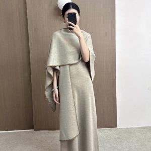Slimming Wool Blend Knit Dress and Shawl Two-Piece Set - Style 7b3788