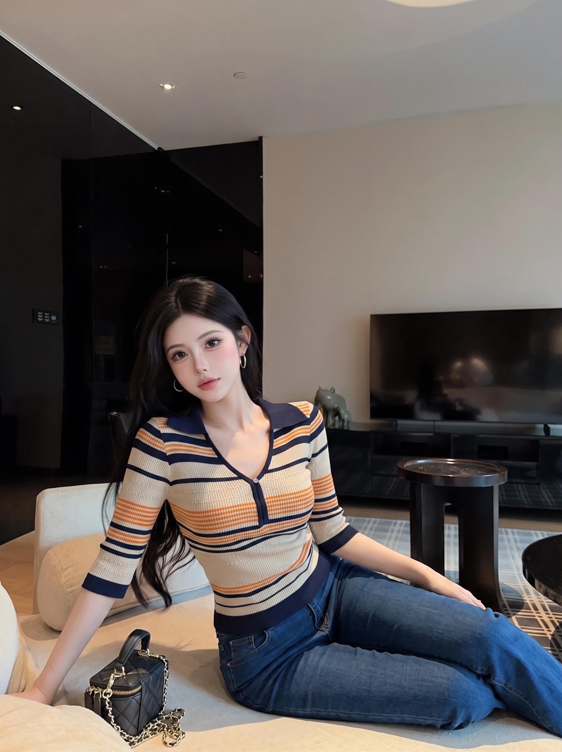 Striped Polo Collar Short Sleeve Knit Top for Women Summer Slim Fit Deep V Neck - Image 3
