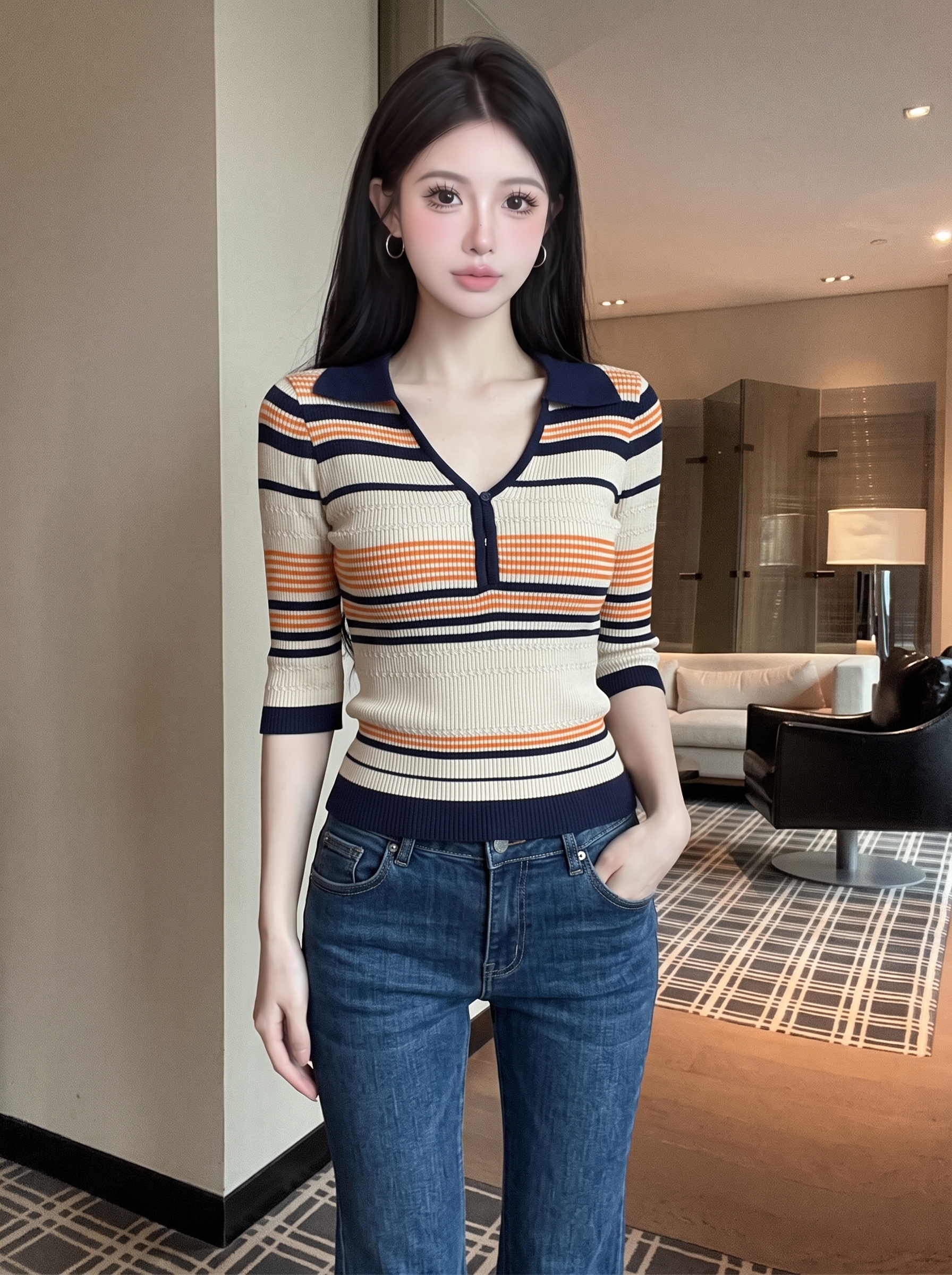 Striped Polo Collar Short Sleeve Knit Top for Women Summer Slim Fit Deep V Neck - Image 4