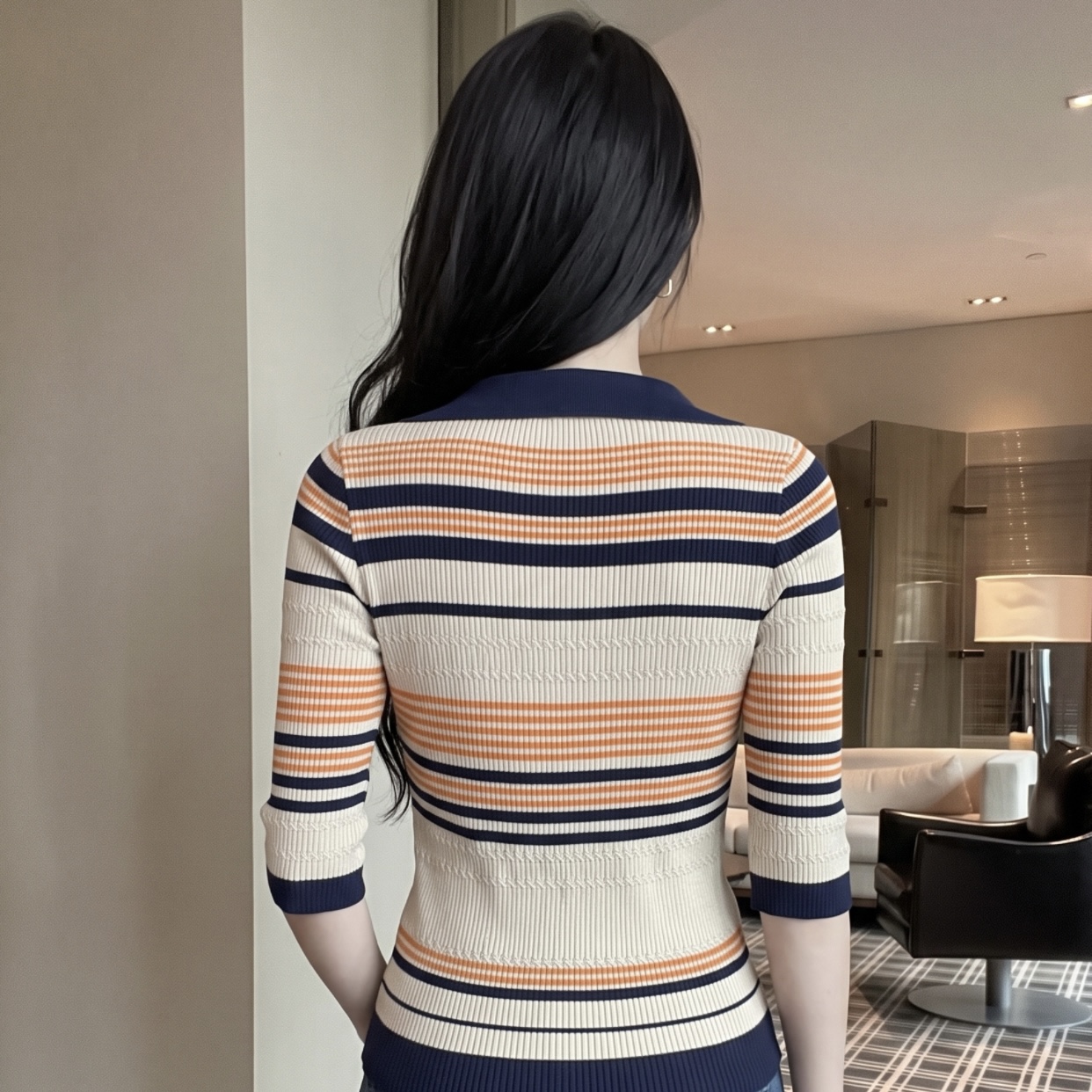 Striped Polo Collar Short Sleeve Knit Top for Women Summer Slim Fit Deep V Neck - Image 5