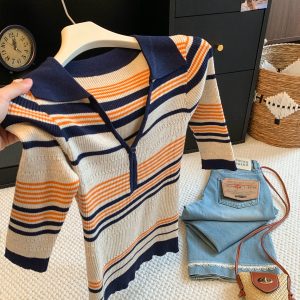 Striped Polo Collar Short Sleeve Knit Top for Women Summer Slim Fit V Neck
