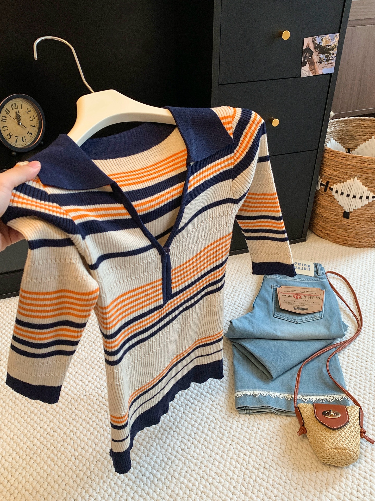 Striped Polo Collar Short Sleeve Knit Top for Women Summer Slim Fit V Neck