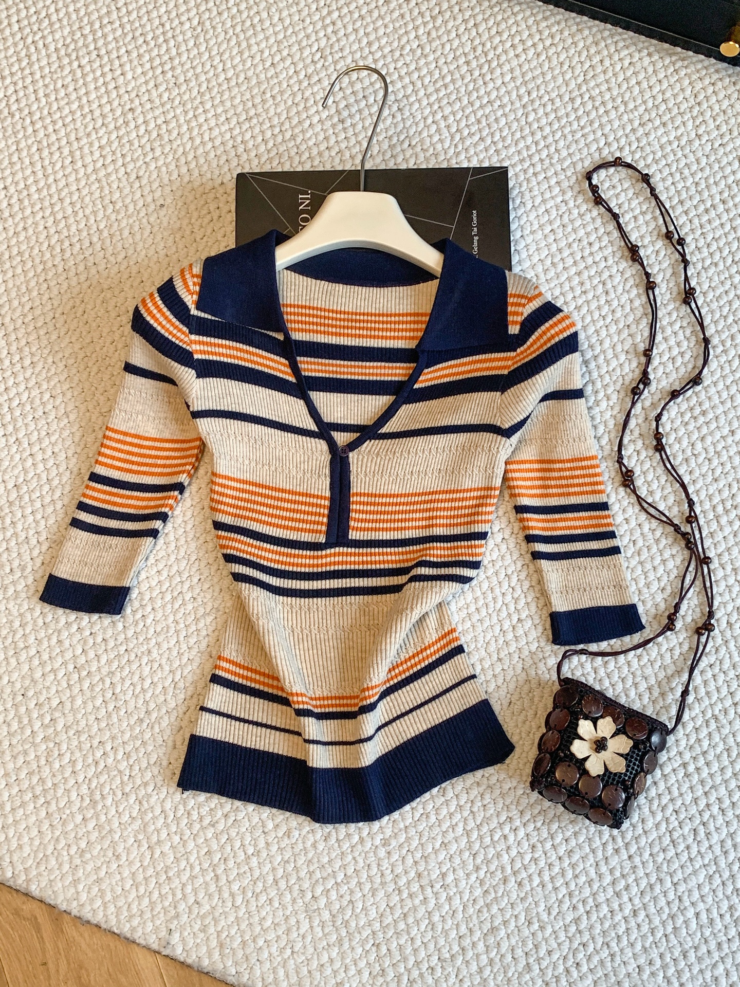 Striped Polo Collar Short Sleeve Knit Top for Women Summer Slim Fit V Neck - Image 2