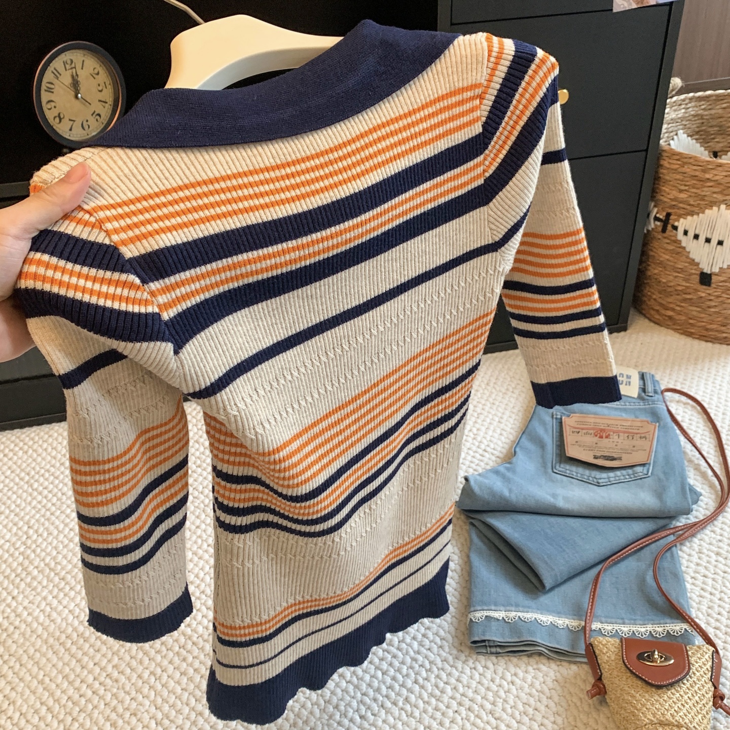 Striped Polo Collar Short Sleeve Knit Top for Women Summer Slim Fit V Neck - Image 5