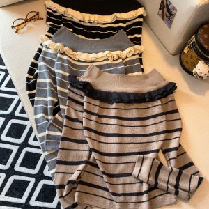 Women's Color Block Striped Long Sleeve Knit Top Short Off Shoulder Ruffle Trim Pullover