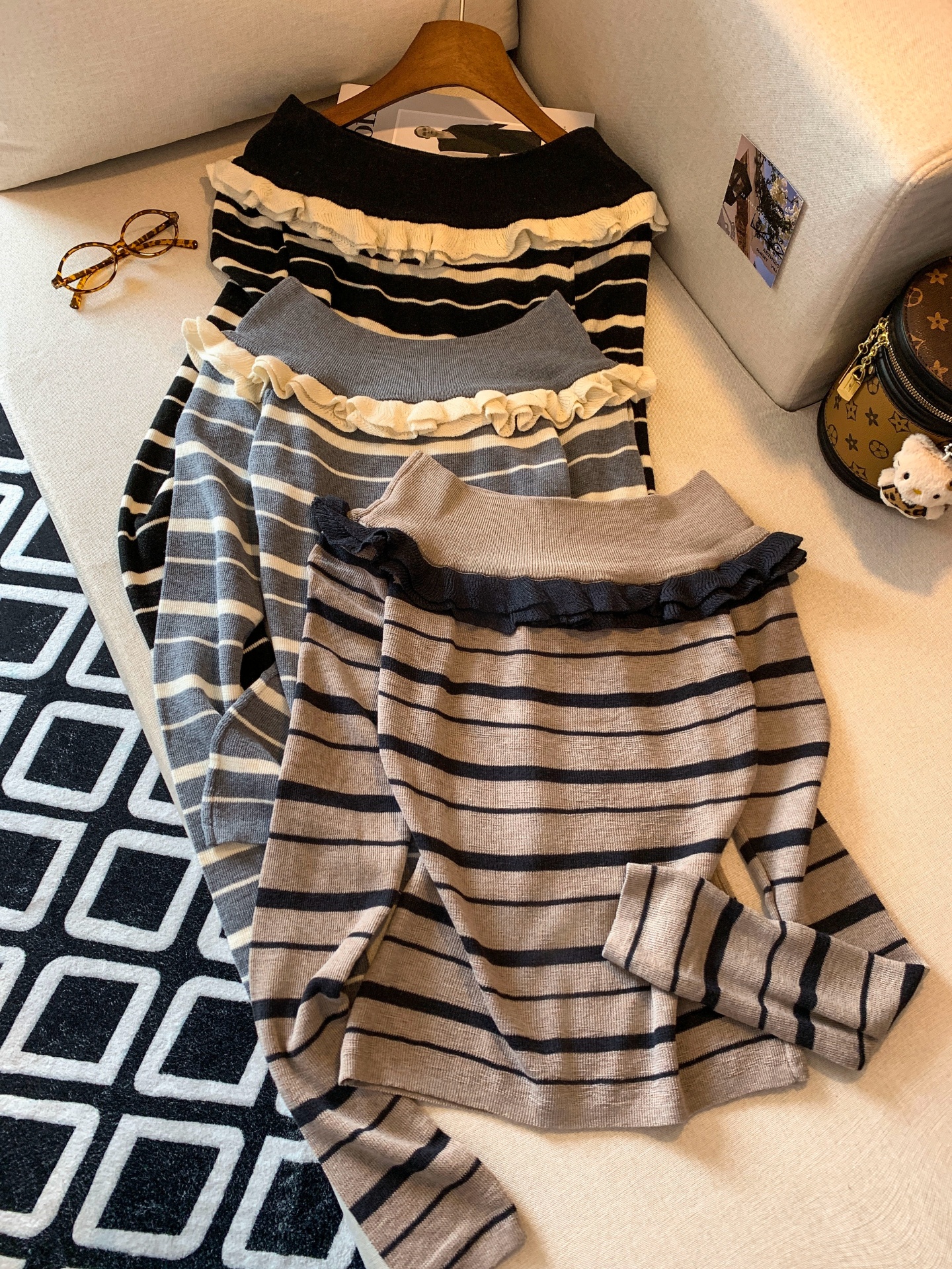 Women's Color Block Striped Long Sleeve Knit Top Short Off Shoulder Ruffle Trim Pullover