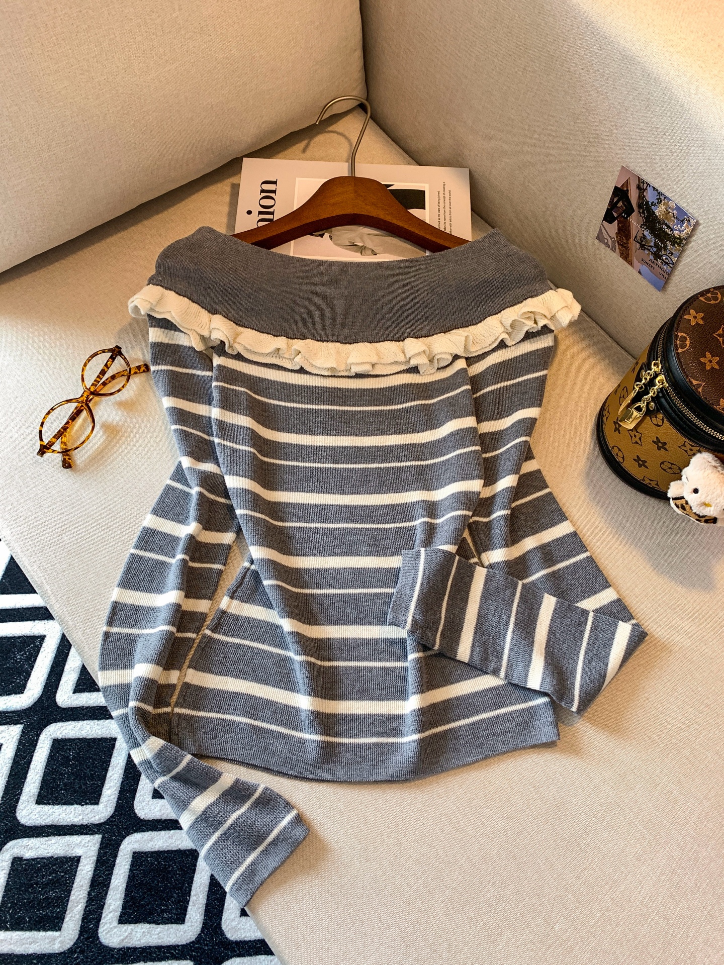 Women's Color Block Striped Long Sleeve Knit Top Short Off Shoulder Ruffle Trim Pullover - Image 2
