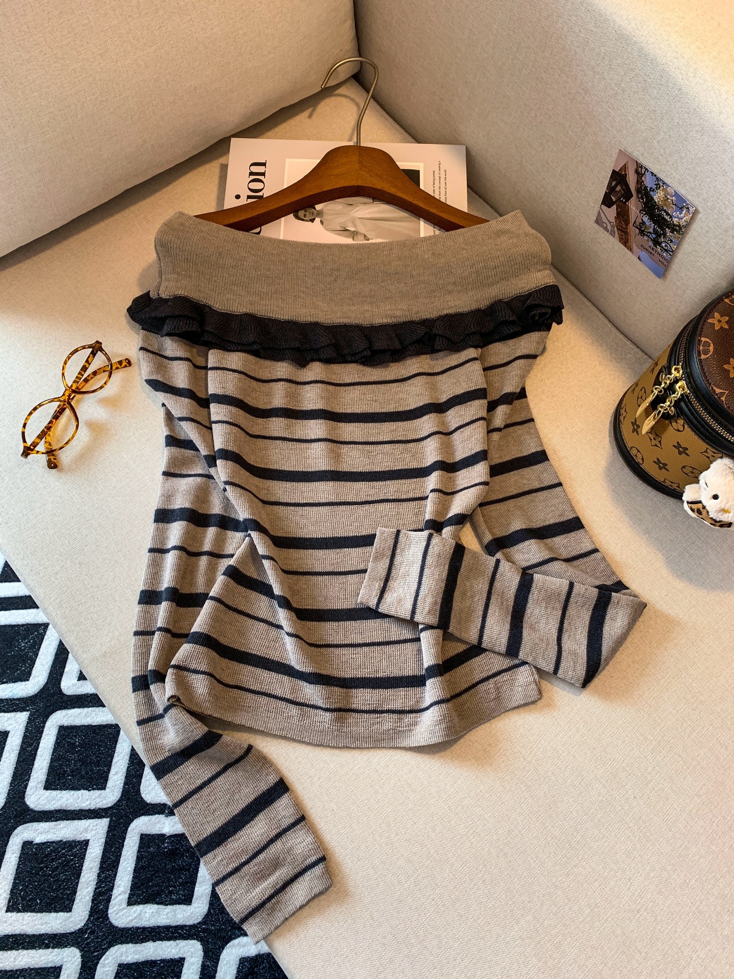 Women's Color Block Striped Long Sleeve Knit Top Short Off Shoulder Ruffle Trim Pullover - Image 3