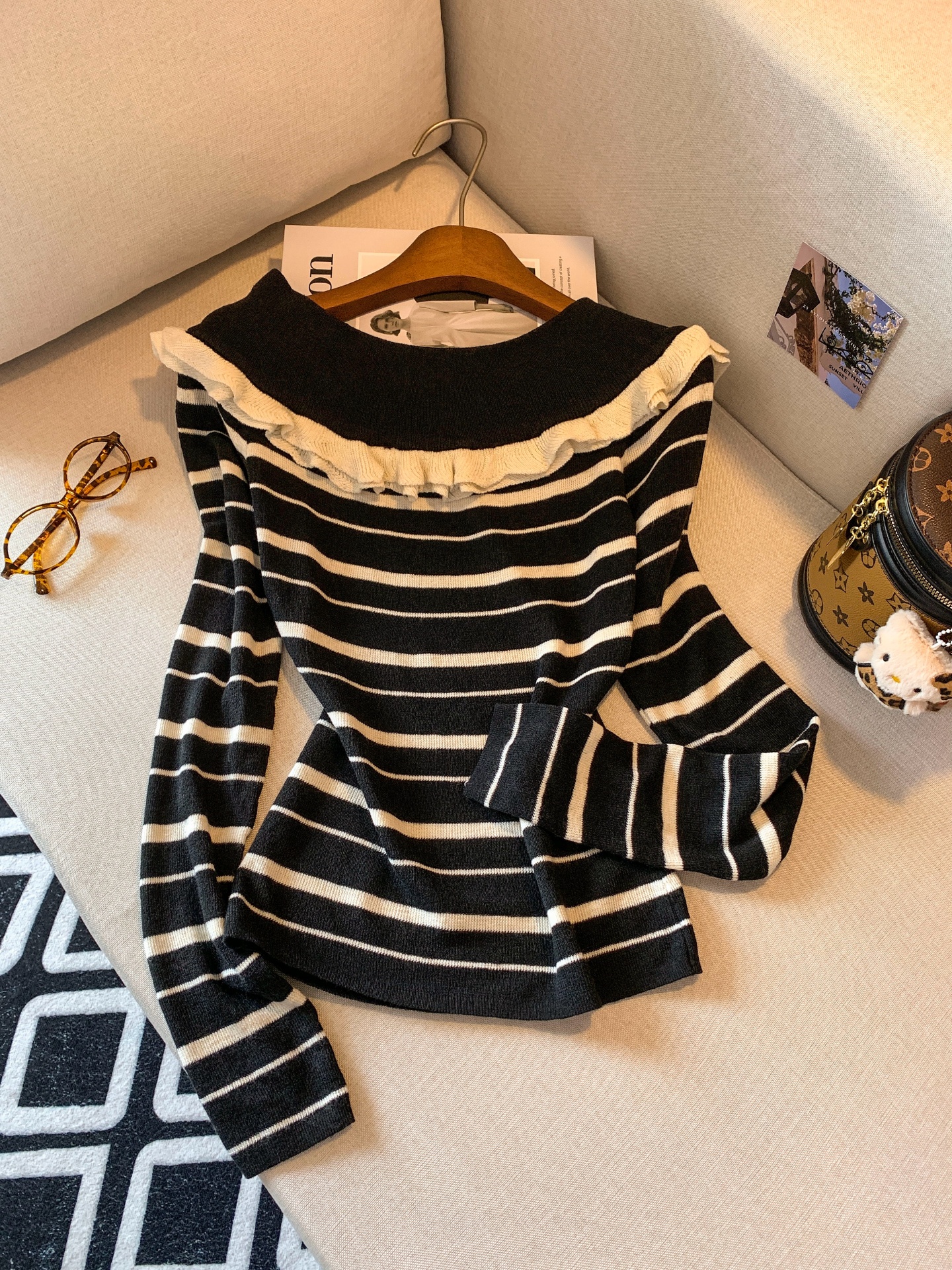 Women's Color Block Striped Long Sleeve Knit Top Short Off Shoulder Ruffle Trim Pullover - Image 4