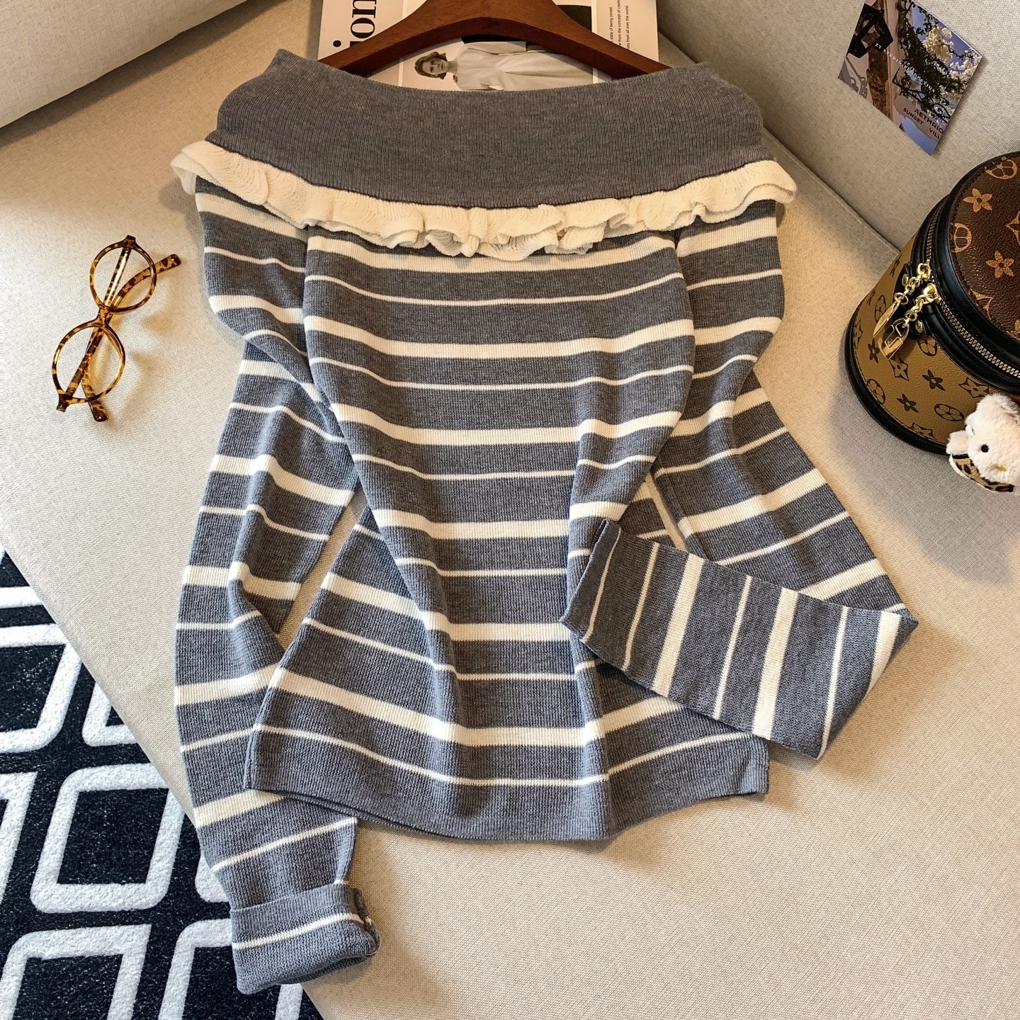 Women's Color Block Striped Long Sleeve Knit Top Short Off Shoulder Ruffle Trim Pullover - Image 5