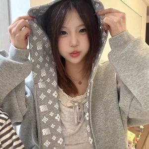 Women's Cotton Fleece Hooded Sweatshirt with Embroidery and Zipper