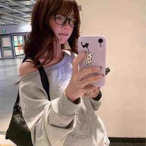 Women's Cotton Fleece-Lined Asymmetric Shoulder Crewneck Sweatshirt