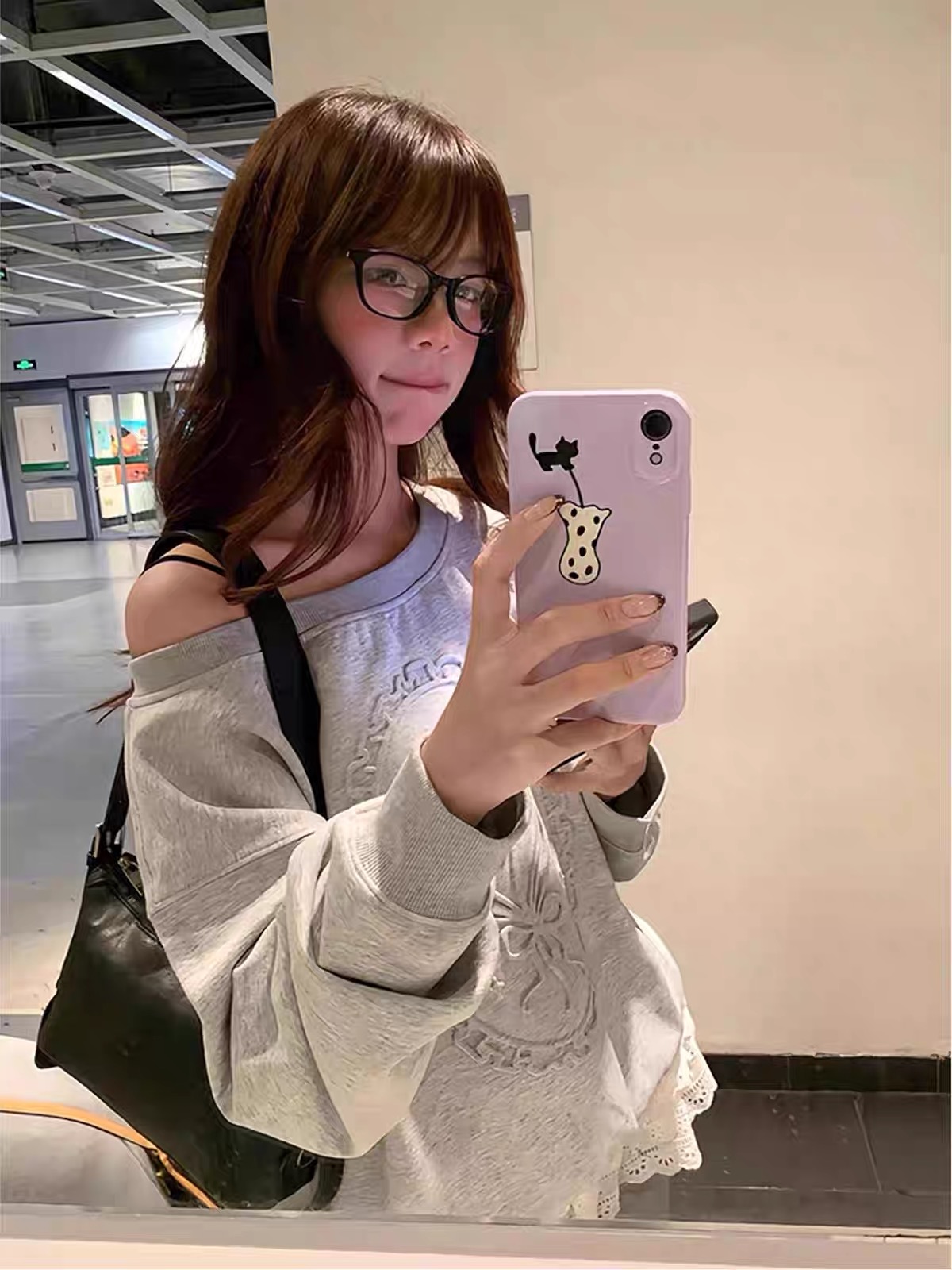 Women's Cotton Fleece-Lined Asymmetric Shoulder Crewneck Sweatshirt