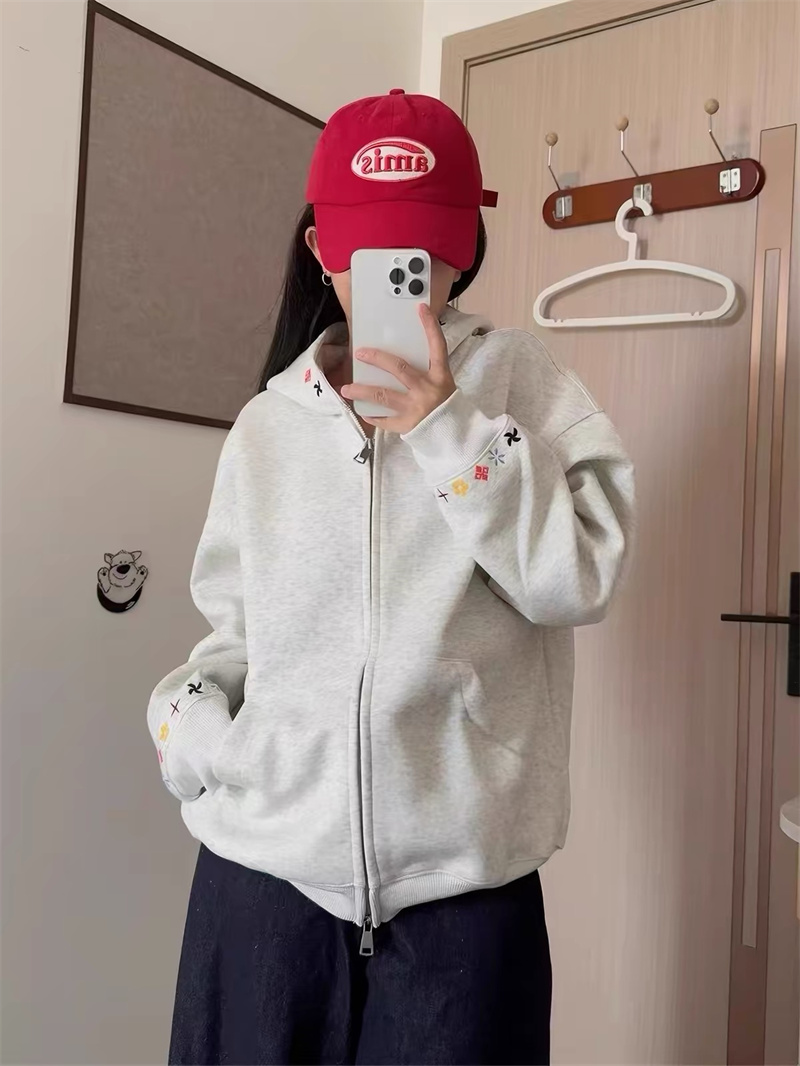 Women's Cotton Hooded Zip Sweatshirt Jacket Embroidered
