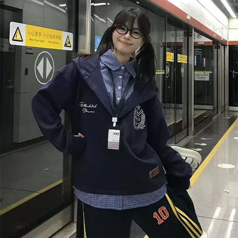 Women's Cotton Plaid Embroidered Zip-Up Sweatshirt with Pockets - Image 2