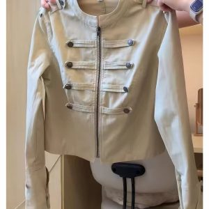 Women's Double-Breasted Khaki Jacket 2026 Fall Zip-Up Short Coat