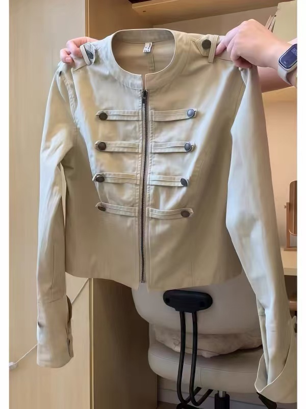 Women's Double-Breasted Khaki Jacket 2026 Fall Zip-Up Short Coat