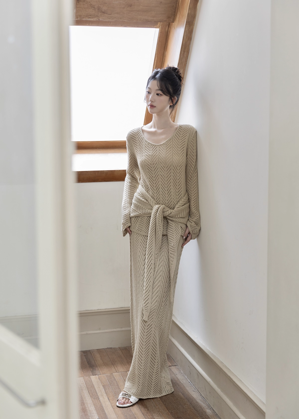 Women's Loose Knit Sweater Top with Shawl and Knit Skirt Three-Piece Set