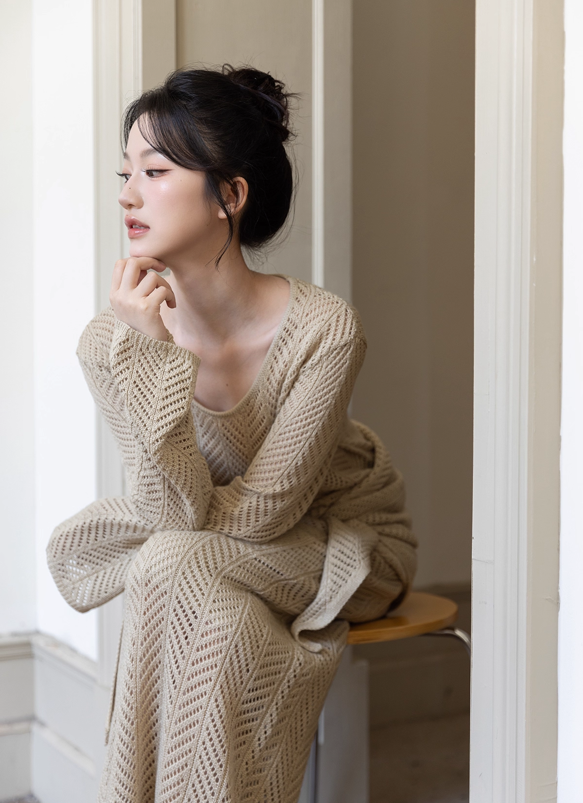 Women's Loose Knit Sweater Top with Shawl and Knit Skirt Three-Piece Set - Image 2