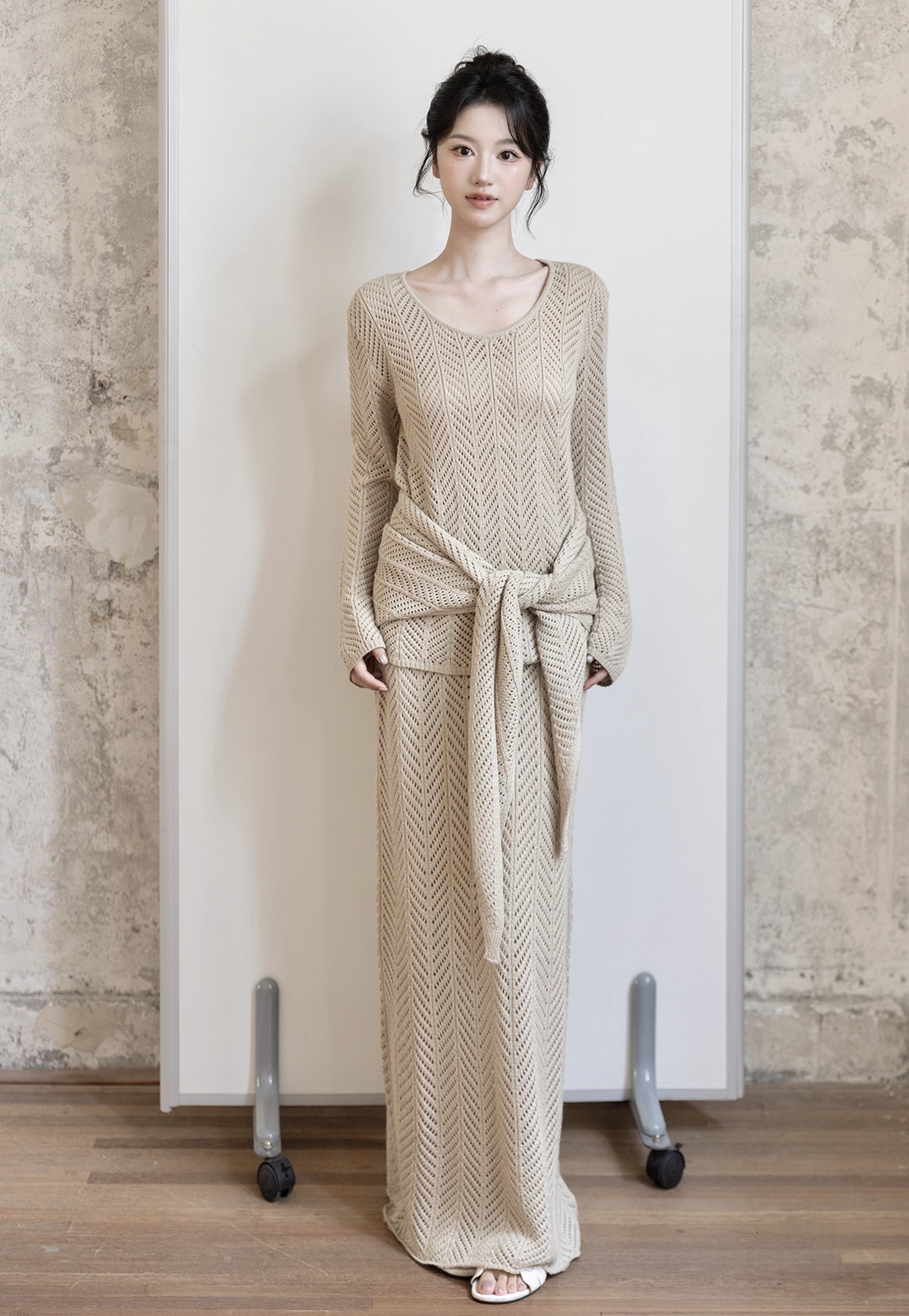 Women's Loose Knit Sweater Top with Shawl and Knit Skirt Three-Piece Set - Image 4