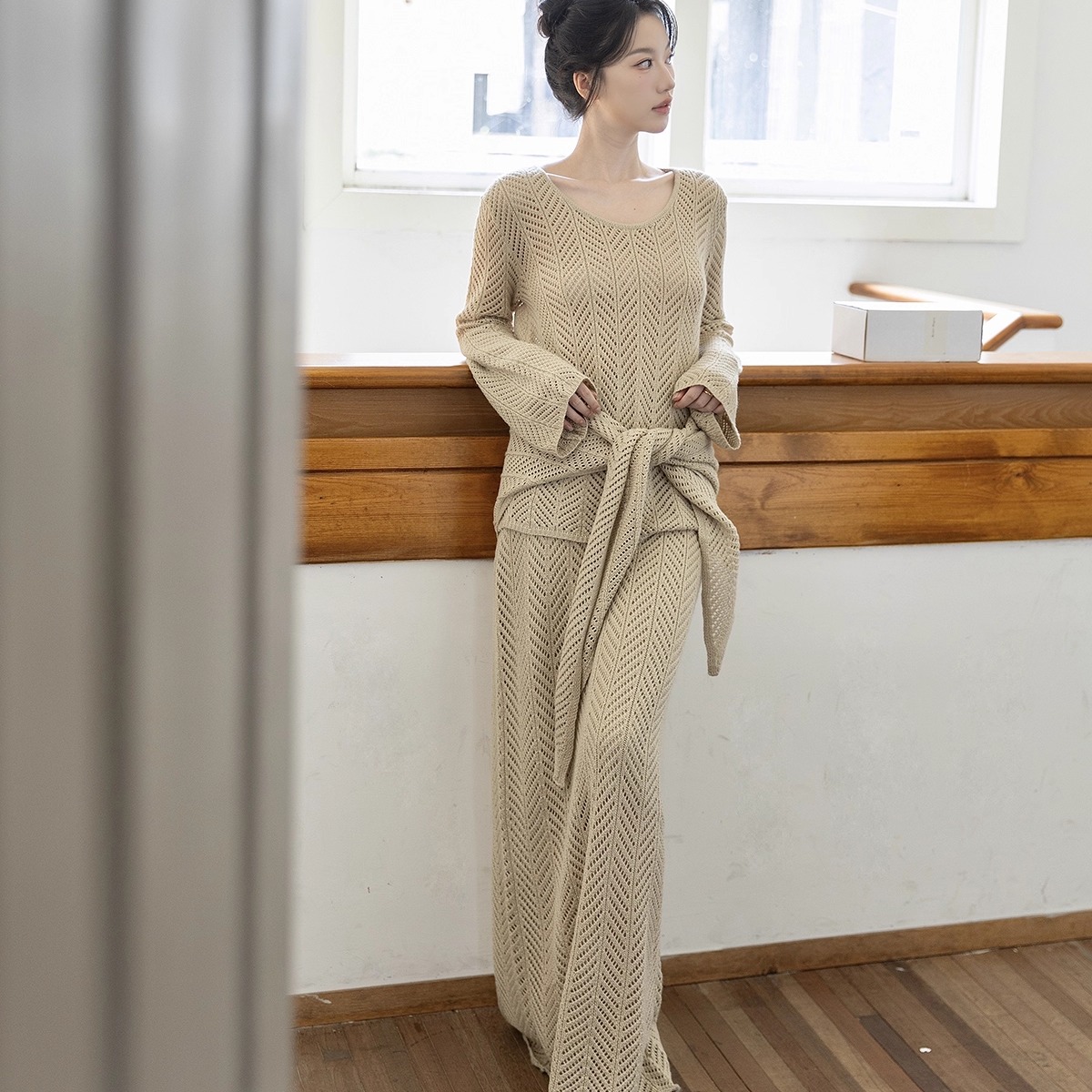 Women's Loose Knit Sweater Top with Shawl and Knit Skirt Three-Piece Set - Image 5