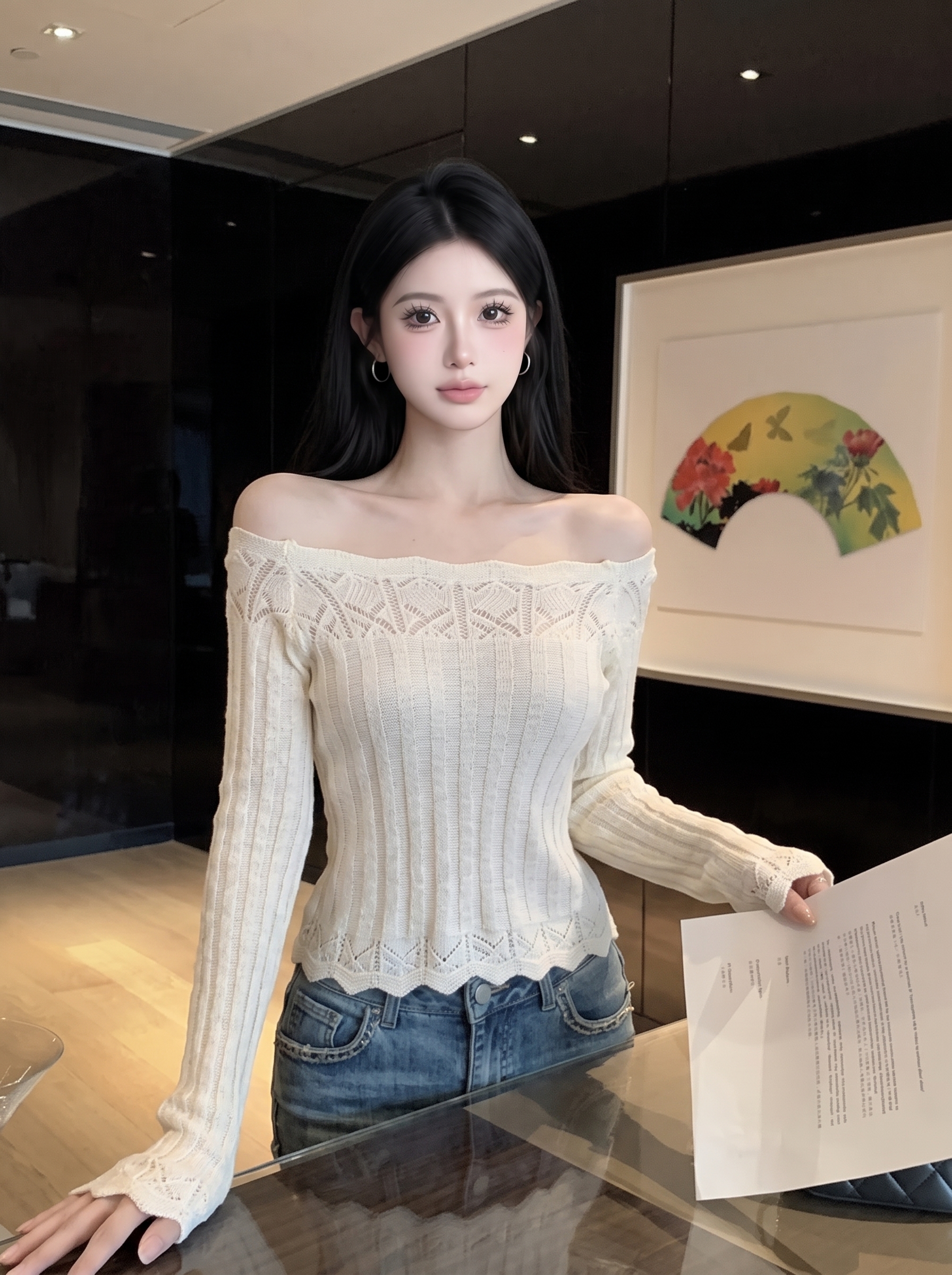 Women's Off-Shoulder Hollow-Out Knit Top Autumn Pullover Base Layer