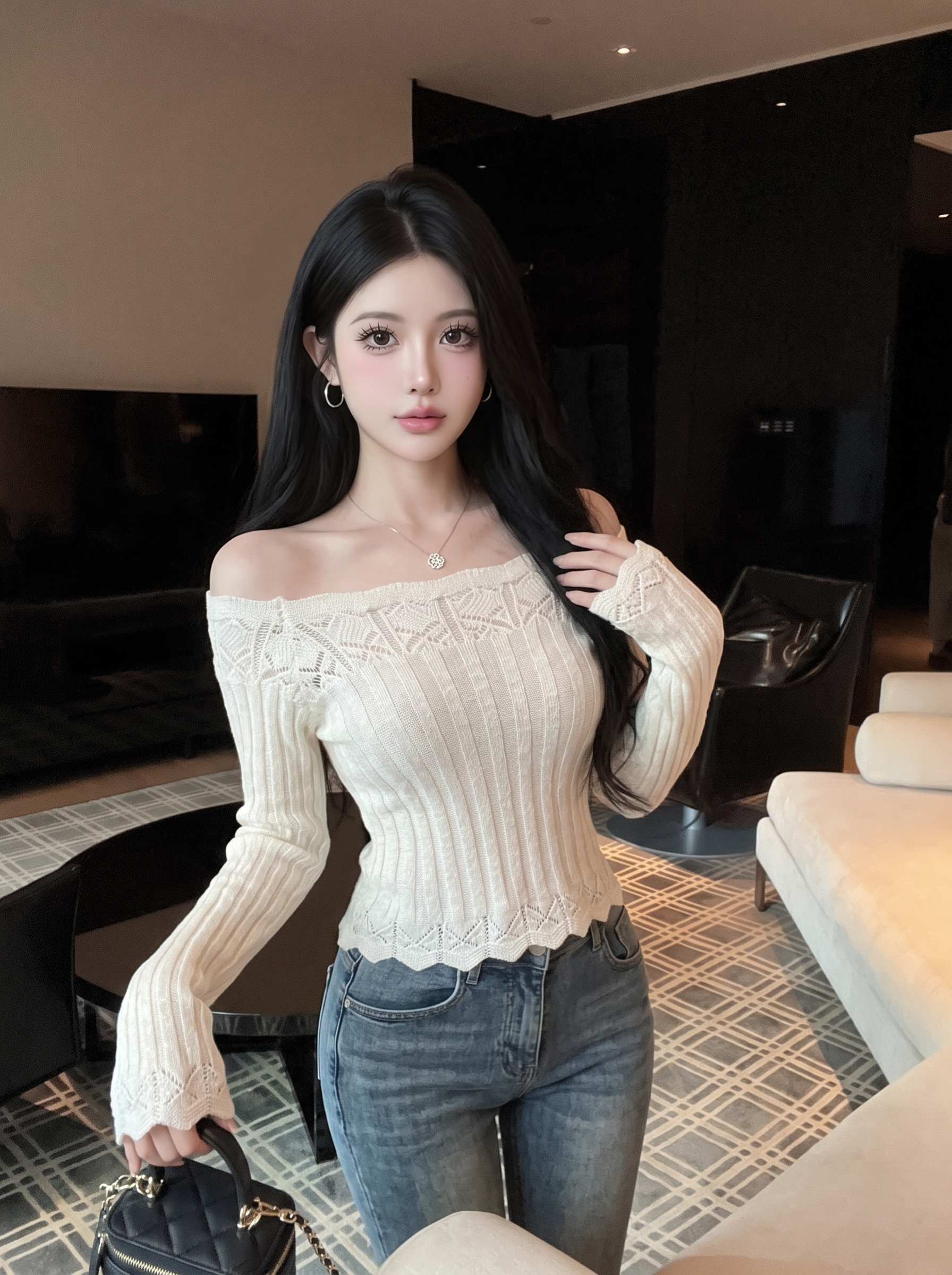 Women's Off-Shoulder Hollow-Out Knit Top Autumn Pullover Base Layer - Image 3