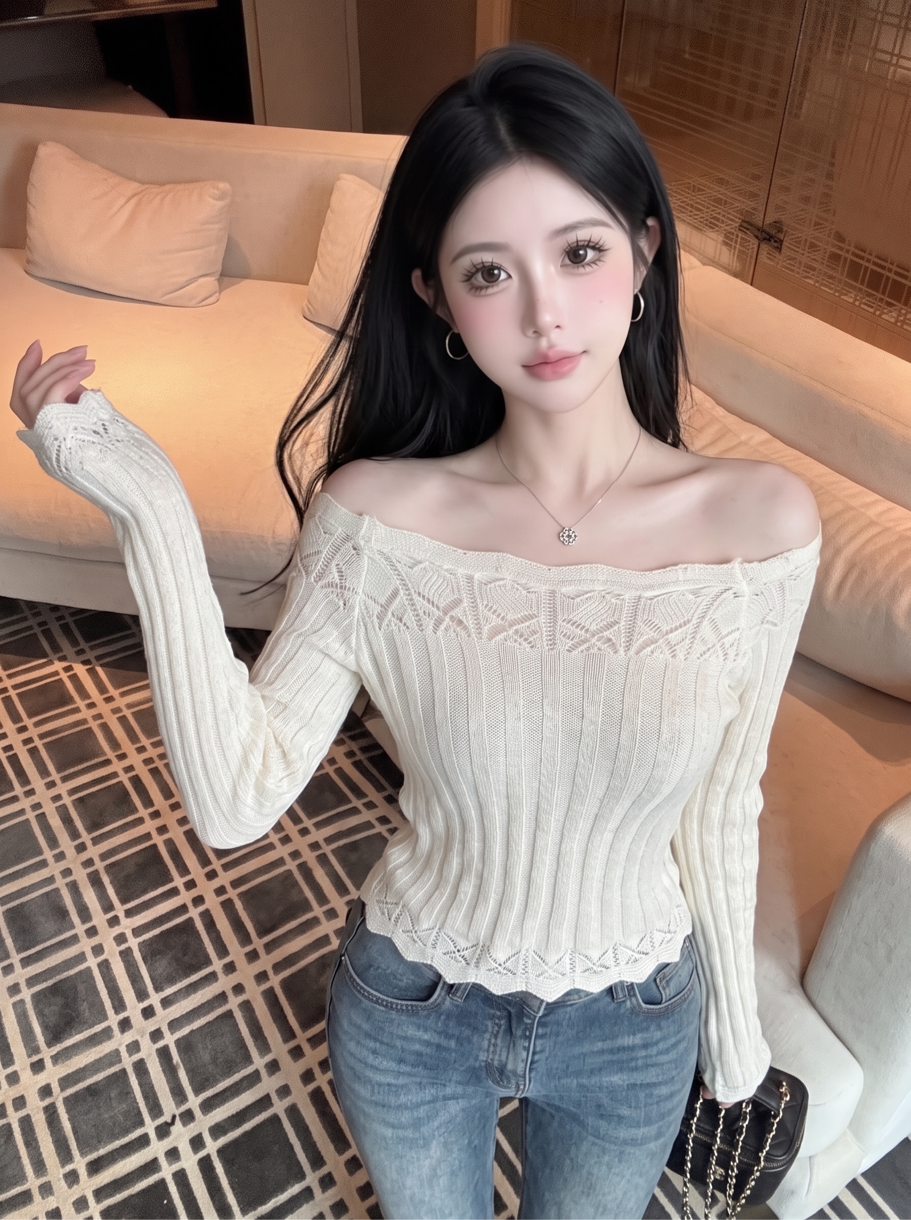 Women's Off-Shoulder Hollow-Out Knit Top Autumn Pullover Base Layer - Image 4