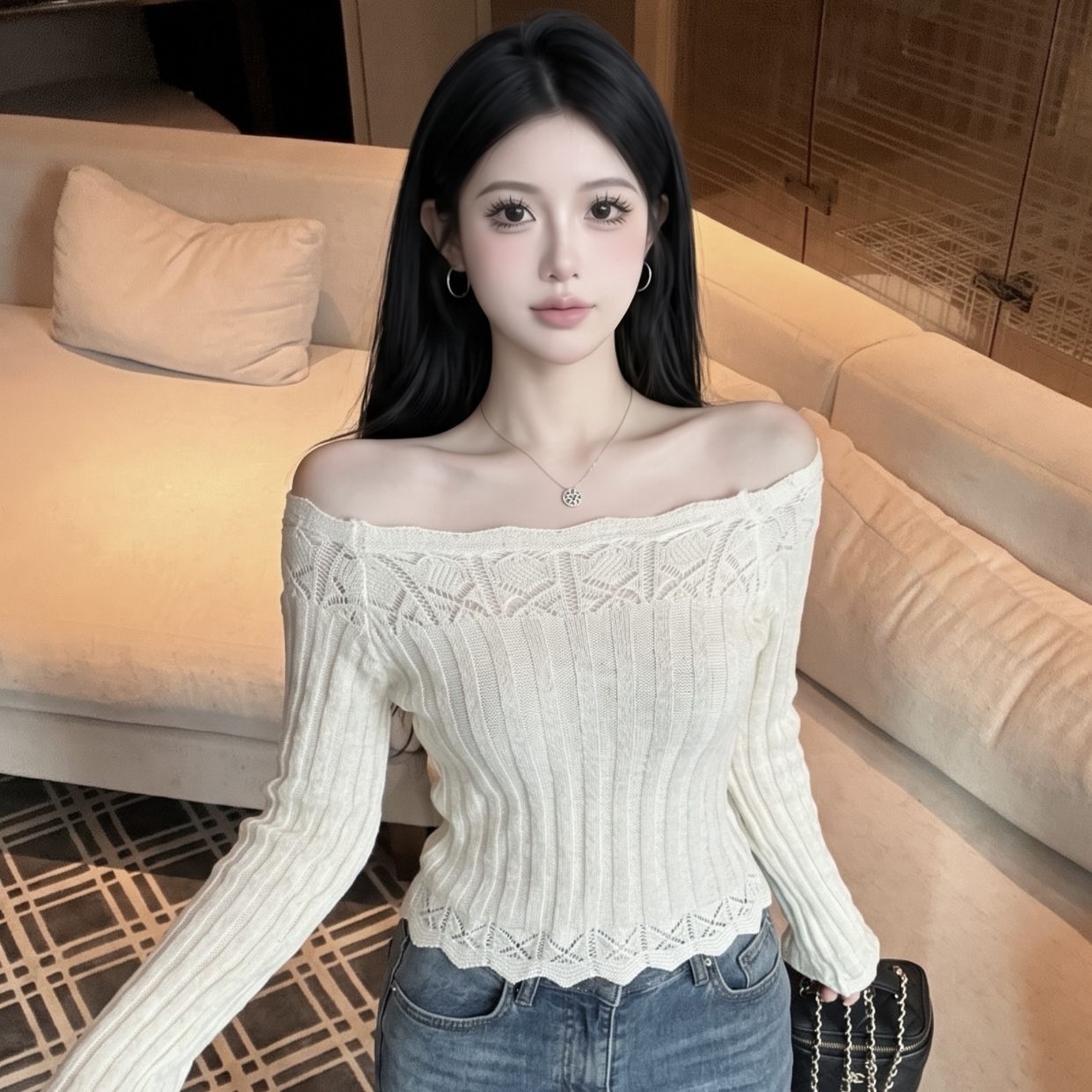 Women's Off-Shoulder Hollow-Out Knit Top Autumn Pullover Base Layer - Image 5