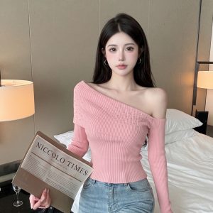Women's Off-Shoulder Slim Knit Top with Rhinestone Detail Long Sleeve Early Autumn Base Layer