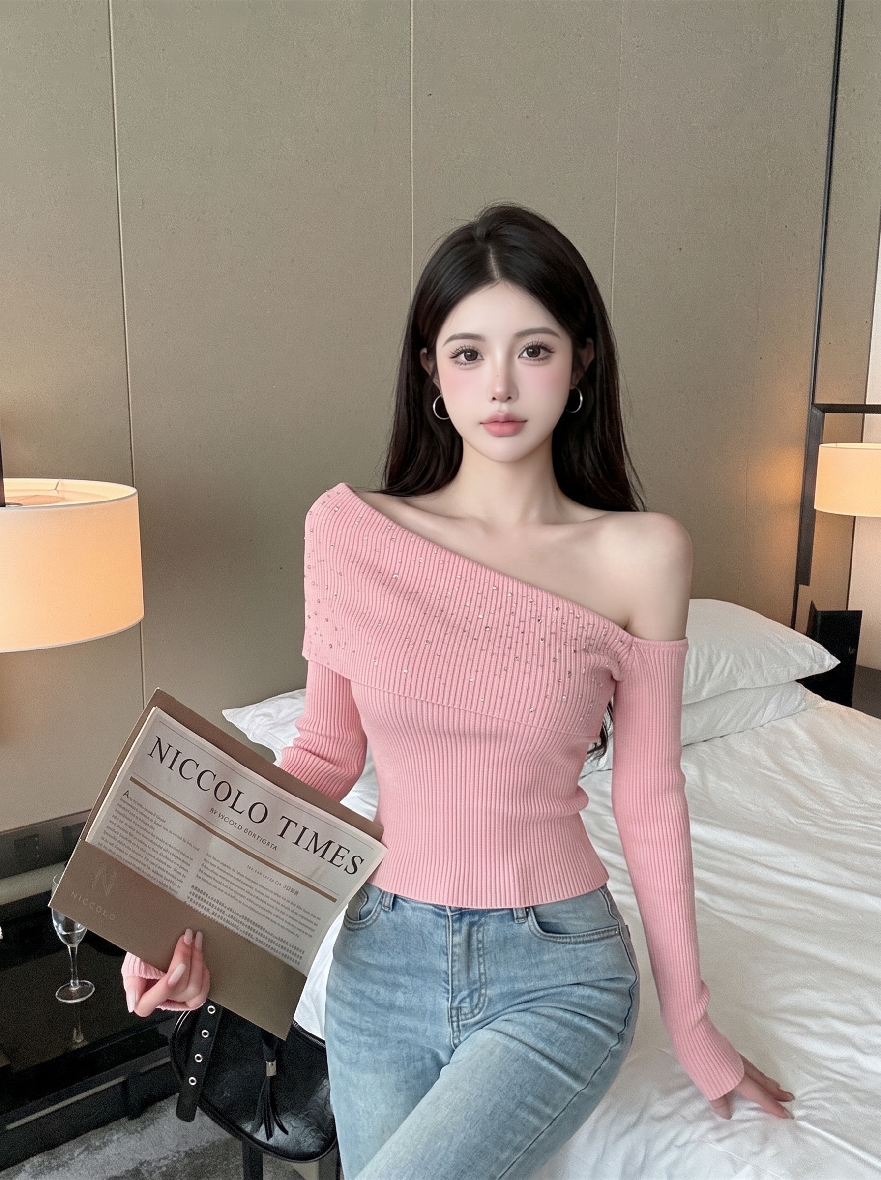 Women's Off-Shoulder Slim Knit Top with Rhinestone Detail Long Sleeve Early Autumn Base Layer