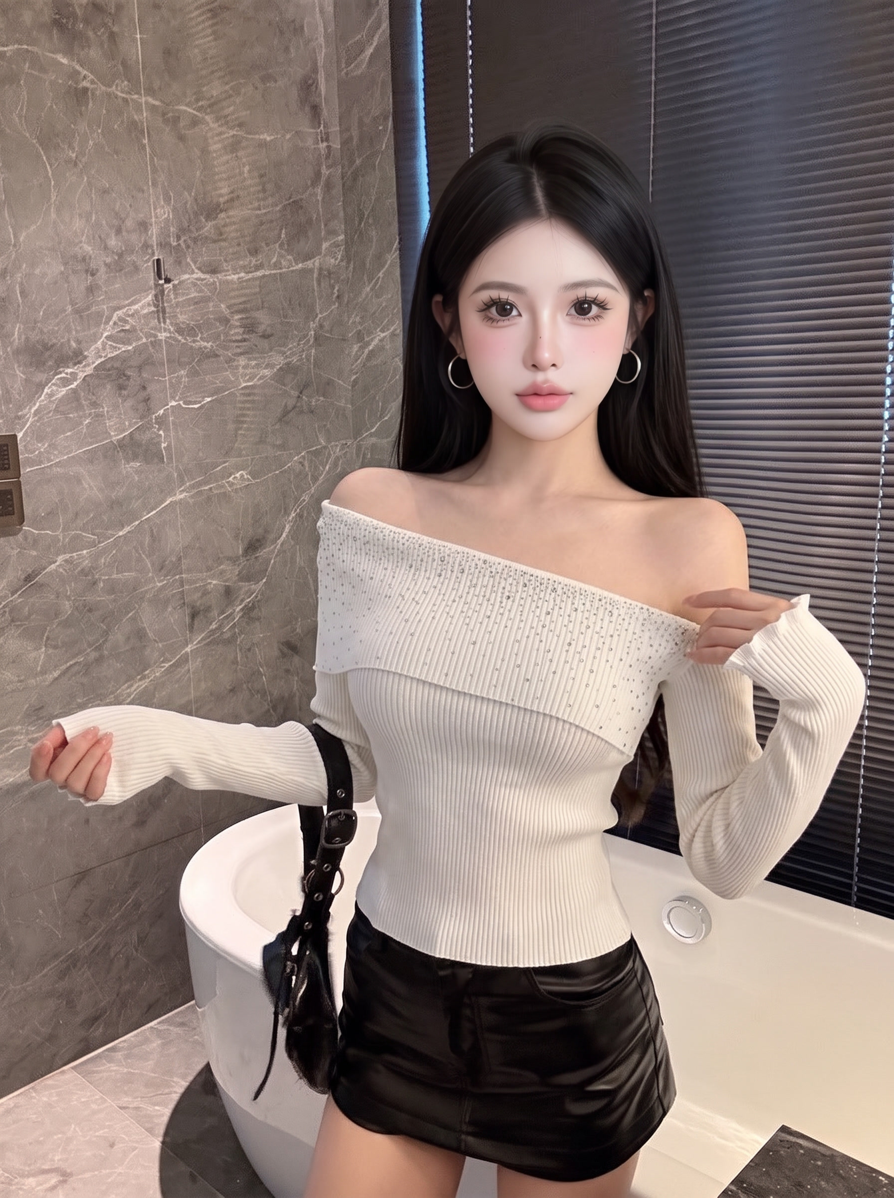 Women's Off-Shoulder Slim Knit Top with Rhinestone Detail Long Sleeve Early Autumn Base Layer - Image 2